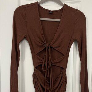 Brown Ruched Cutout Midi Dress - Long Sleeve